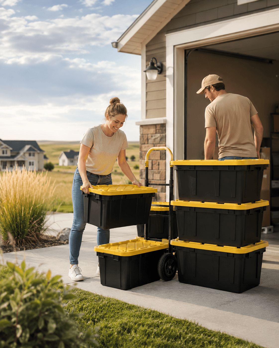 Couple loading clean reusable moving totes — Bismarck-Mandan, ND